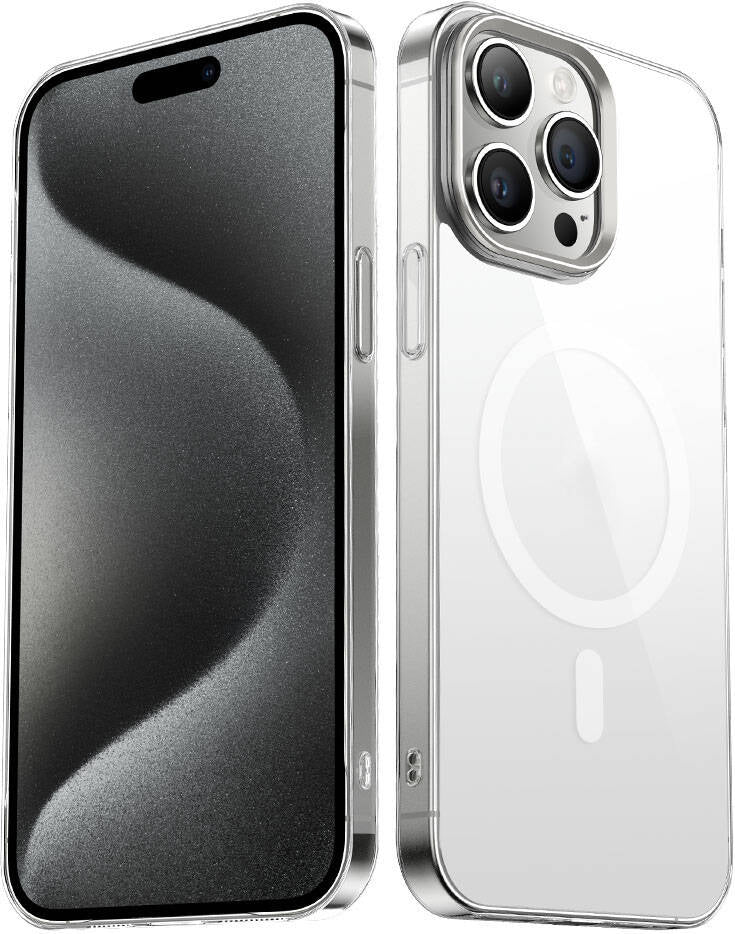 Apple iPhone 15 Pro Max Kılıf Mnc Wireless Şarj Özellikli Şeffaf G-Glass Kapak-Gümüş