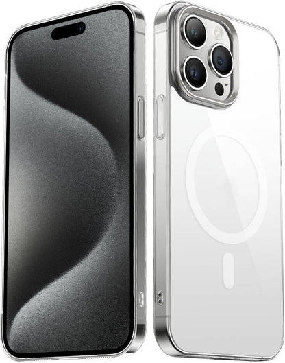 Apple iPhone 15 Pro Max Kılıf Mnc Wireless Şarj Özellikli Şeffaf G-Glass Kapak-Gümüş