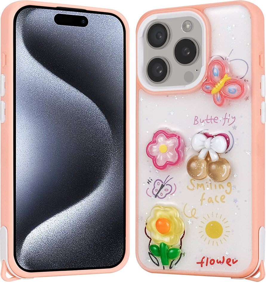 Apple iPhone 15 Pro Kılıf Parlayan Sıvılı Simli Kabartma Figürlü Mnc Cevze Kapak-Pembe