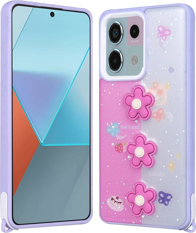 Xiaomi Redmi Note 13 Pro 5g Kılıf Parlayan Sıvılı Simli Kabartma Figürlü Mnc Cevze Kapak-Mor Papatya