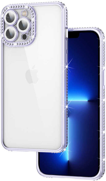 iPhone 13 Pro Uyumlu Kamera Korumalı Taşlı Mnc Mina Kapak-Lila