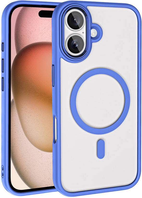 Apple iPhone 16 Plus Kılıf Wireless Şarj Özellikli Mnc Krom Magsafe Silikon Kapak-Mavi