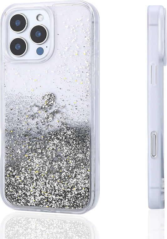 iPhone 16 Pro Uyumlu Kılıf Sıvılı Simli Şeffaf Arka Yüzey Mnc Keto Silikon Kapak-Gümüş