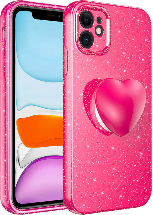 iPhone 11 Kılıf Kamera Korumalı Simli Pop Soketli Lüks Mnc Koton Soketli Kapak-Pembe Koyu