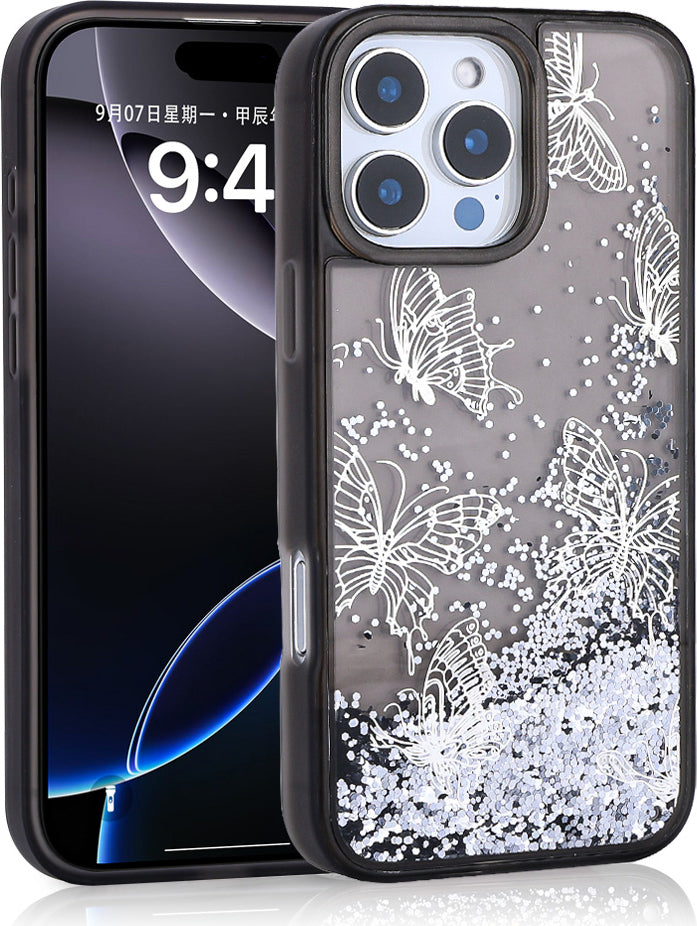 iPhone 15 Pro Max Uyumlu Kılıf Sıvılı Simli Kelebek Baskılı Şeffaf Arka Yüzey Mnc Glis Silikon Kapa