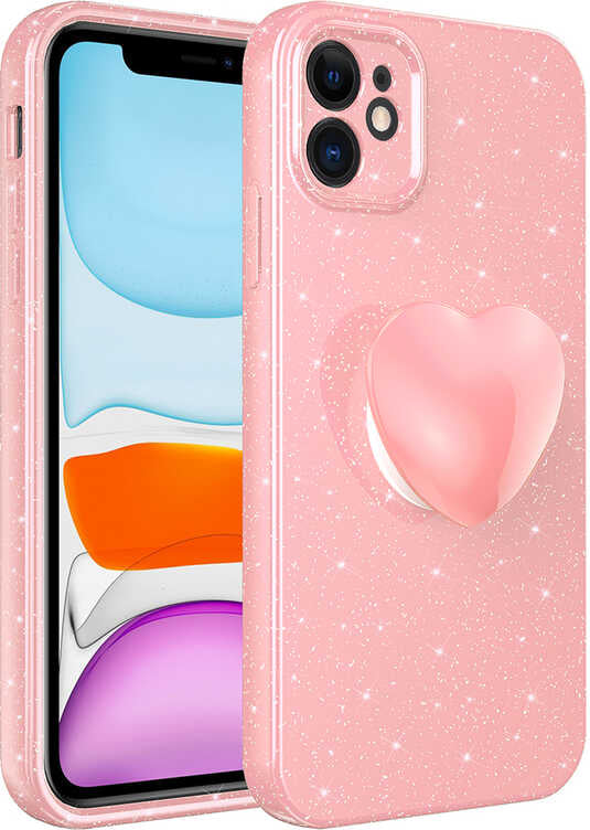 iPhone 11 Kılıf Kamera Korumalı Simli Pop Soketli Lüks Mnc Koton Soketli Kapak-Pembe