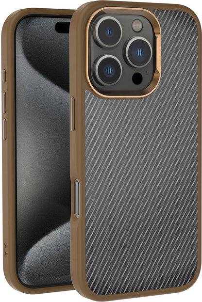 Apple iPhone 16 Pro Max Kılıf Karbon Fiber Görünümlü Parlak Kamera Çerçeveli Mnc Venus Kapak-Rose B