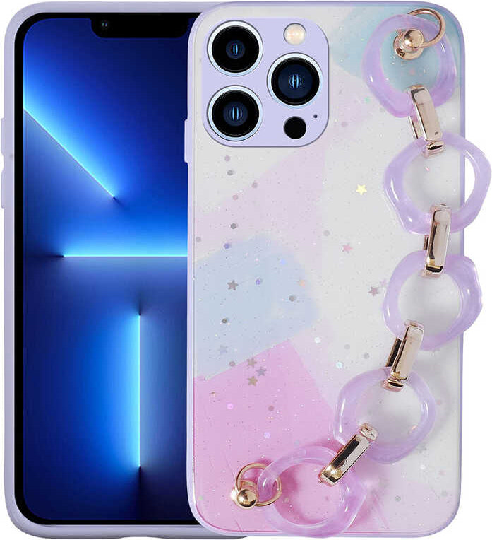 iPhone 13 Pro Max Uyumlu Simli Desenli El Askılı Tutacaklı Mnc Elsa Silikon Kapak-Lila