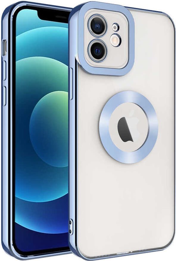 iPhone 12 Kılıf Kamera Korumalı Logo Gösteren Mnc Omega Kapak-Mavi Açık
