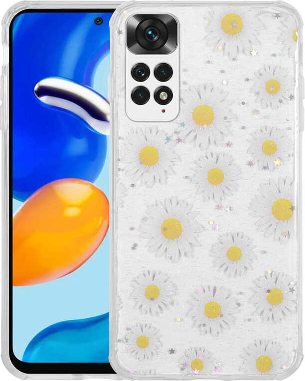 Xiaomi Redmi Note 11 Global Kılıf Simli Desenli Kamera Korumalı Parlak Mnc Popy Kapak-Papatya