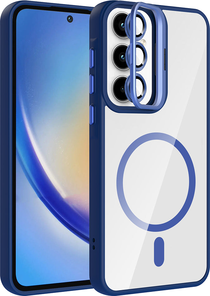 Galaxy A35 Kılıf Standlı ve Kamera Lens Hediyeli M-Safe Şarj Özellikli Mnc Etro Kapak - Lacivert