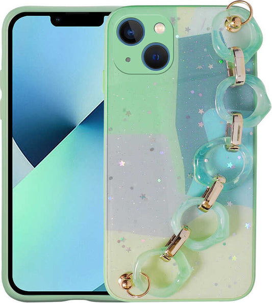 iPhone 13 Kılıf Simli Desenli El Askılı Tutacaklı Mnc Elsa Silikon Kapak-Yeşil