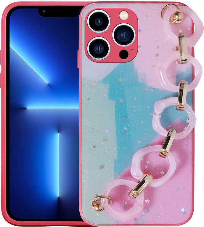 iPhone 12 Pro Kılıf Simli Desenli El Askılı Tutacaklı Mnc Elsa Silikon Kapak-Pembe Koyu