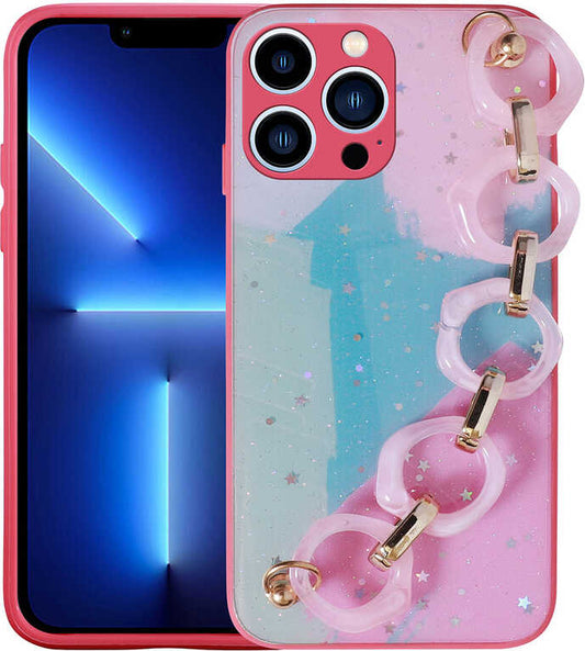 iPhone 12 Pro Kılıf Simli Desenli El Askılı Tutacaklı Mnc Elsa Silikon Kapak-Pembe Koyu