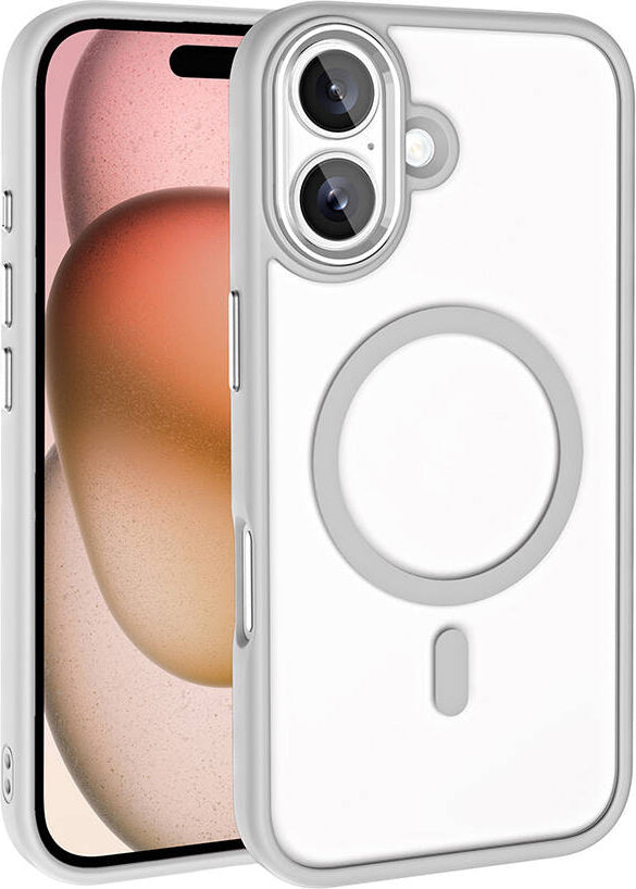 Apple iPhone 16 Plus Kılıf Wireless Şarj Özellikli Mnc Krom Magsafe Silikon Kapak-Gümüş