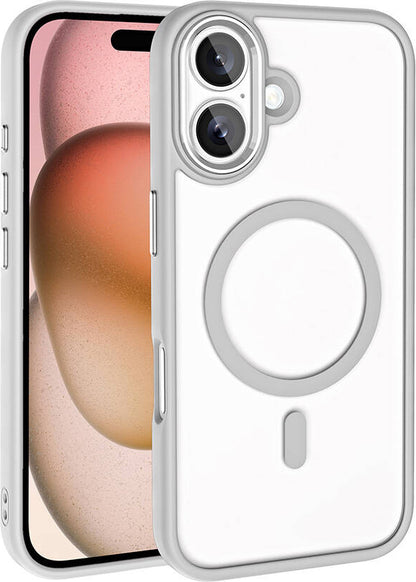 Apple iPhone 16 Plus Kılıf Wireless Şarj Özellikli Mnc Krom Magsafe Silikon Kapak-Gümüş