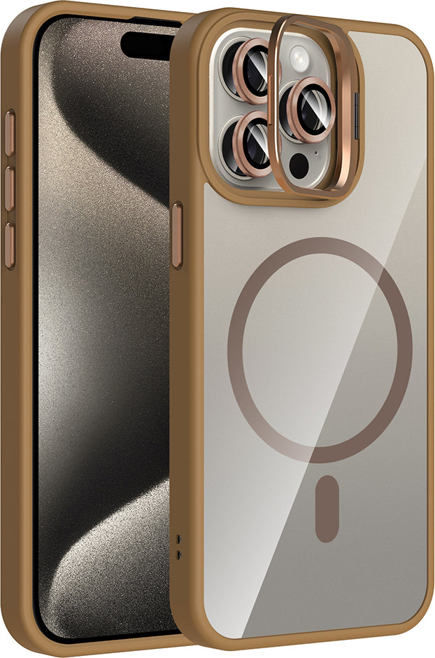iPhone 15 Pro Max Kılıf Standlı ve Kamera Lens Hediyeli M-Safe Şarj Özellikli Mnc Etro Kapak - Dese