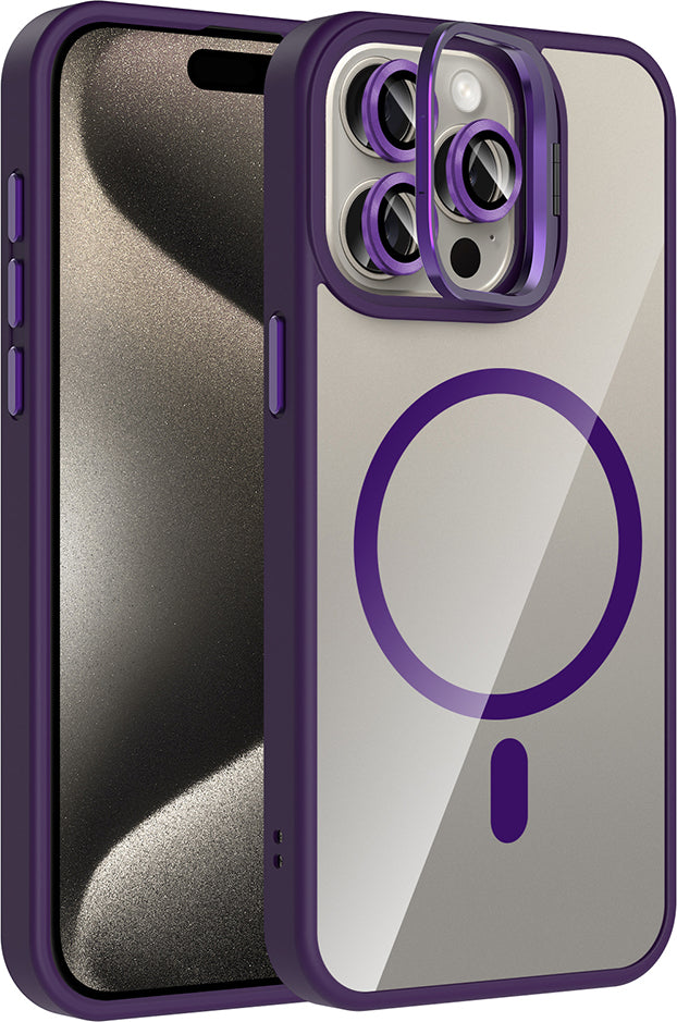 iPhone 15 Pro Max Kılıf Standlı ve Kamera Lens Hediyeli M-Safe Şarj Özellikli Mnc Etro Kapak - Dese
