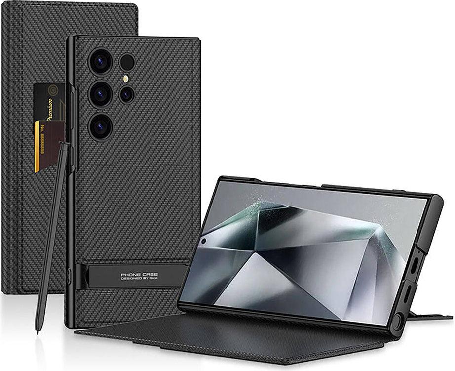 Galaxy S24 Ultra Kılıf Kamera Korumalı Karbon Tasarım Mnc Droga Standlı Kartlıklı Kapaklı Kılıf-Siy