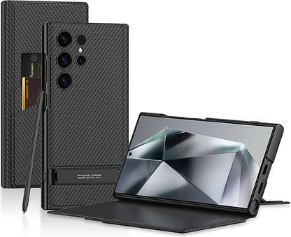 Galaxy S24 Ultra Kılıf Kamera Korumalı Karbon Tasarım Mnc Droga Standlı Kartlıklı Kapaklı Kılıf-Siy