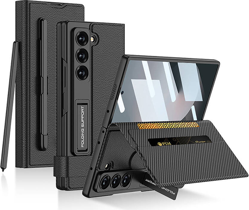 Galaxy Z Fold 6 Suni Deri Tasarımlı Kalem Bölmeli Mnc Kıpta Kartlıklı Standlı Kapak-Siyah Litchi