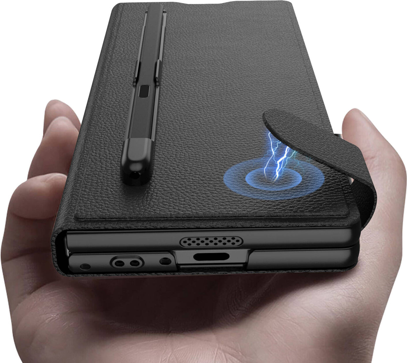 Galaxy Z Fold 6 Suni Deri Tasarımlı Kalem Bölmeli Mnc Kıpta Kartlıklı Standlı Kapak-Siyah Litchi