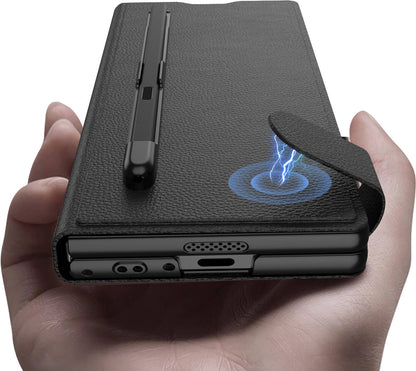Galaxy Z Fold 6 Suni Deri Tasarımlı Kalem Bölmeli Mnc Kıpta Kartlıklı Standlı Kapak-Siyah Litchi