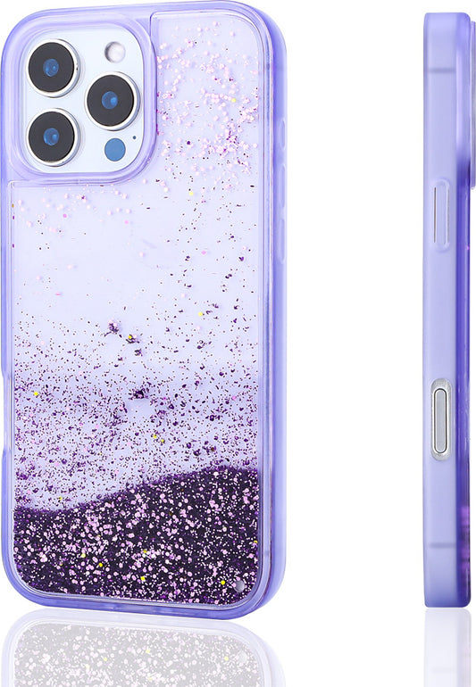 iPhone 12 Pro Uyumlu Kılıf Sıvılı Simli Şeffaf Arka Yüzey Mnc Keto Silikon Kapak-Mor