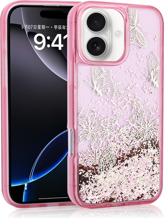 iPhone 16 Uyumlu Kılıf Sıvılı Simli Kelebek Baskılı Şeffaf Arka Yüzey Mnc Glis Silikon Kapak-Pembe