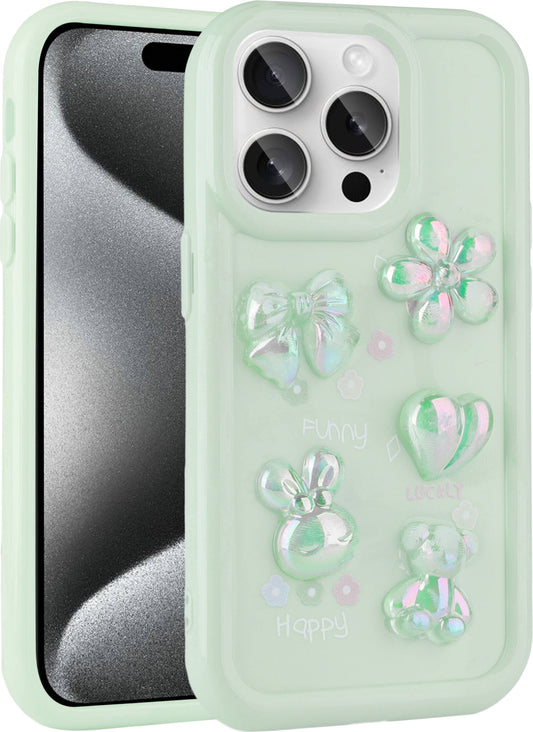Apple iPhone 14 Pro Kılıf Kabartma Figürlü Parlak Mnc Toys Silikon Kapak-Açık Yeşil