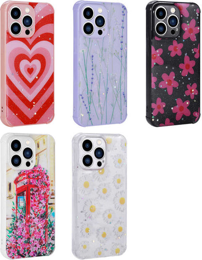 iPhone 13 Pro Kılıf Simli Desenli Kamera Korumalı Parlak Mnc Popy Kapak-Çiçek