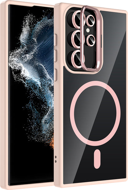Galaxy S22 Ultra Kılıf Standlı ve Kamera Lens Hediyeli M-Safe Şarj Özellikli Mnc Etro Kapak - Pembe