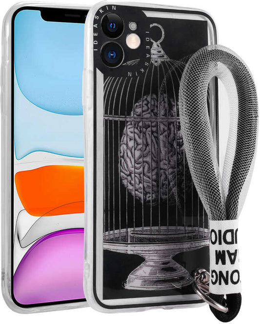 iPhone 11 Kılıf Desenli El Askılı Ipli Mnc Astana Silikon Kapak-Kafes