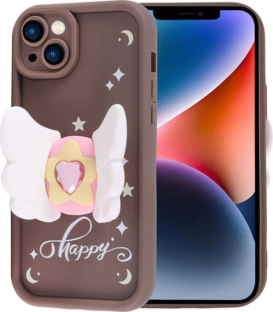 Apple iPhone 14 Kılıf Kamera Korumalı Figür Tasarımlı Mnc Kapya Kapak-Koyu Kahve