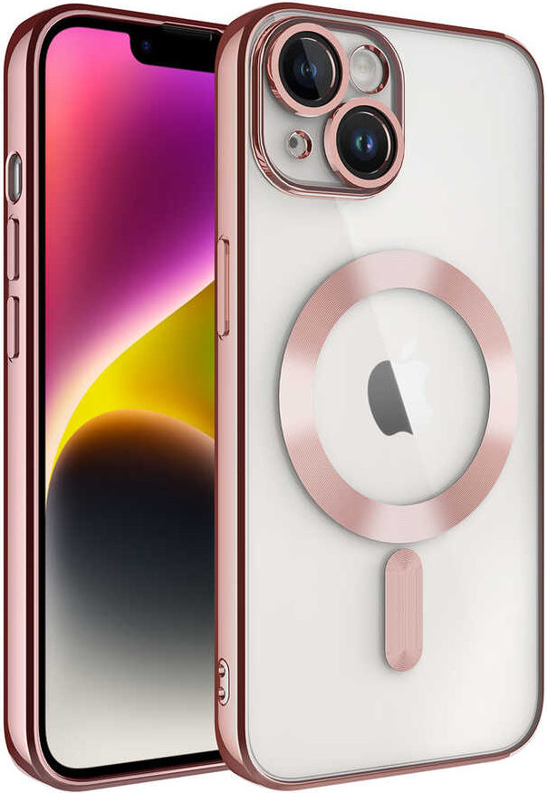 iPhone 14 Plus Uyumlu Kamera Korumalı Magsafe Wireless Şarj Özellikli Mnc Demre Kapak-Rose Gold