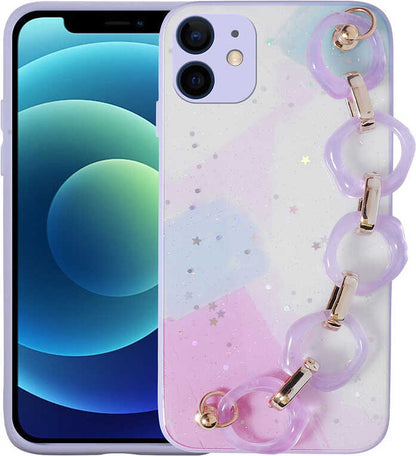 iPhone 12 Kılıf Simli Desenli El Askılı Tutacaklı Mnc Elsa Silikon Kapak-Lila