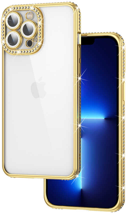 iPhone 12 Pro Max Kılıf Kamera Korumalı Taşlı Mnc Mina Kapak-Gold