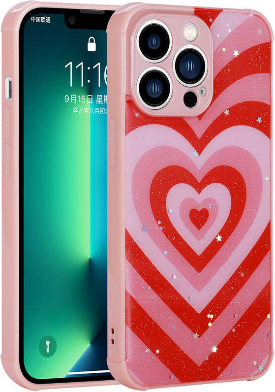 iPhone 13 Pro Kılıf Simli Desenli Kamera Korumalı Parlak Mnc Popy Kapak-Kalp