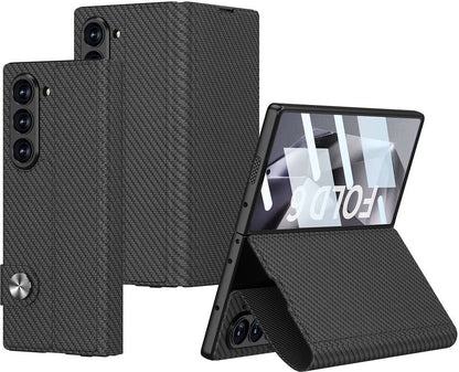 Galaxy Z Fold 6 Kılıf Karbon Fiber Tasarımlı Magnetik Tokalı Kartlıklı Mnc Kıpta Zegna Kapak-Siyah