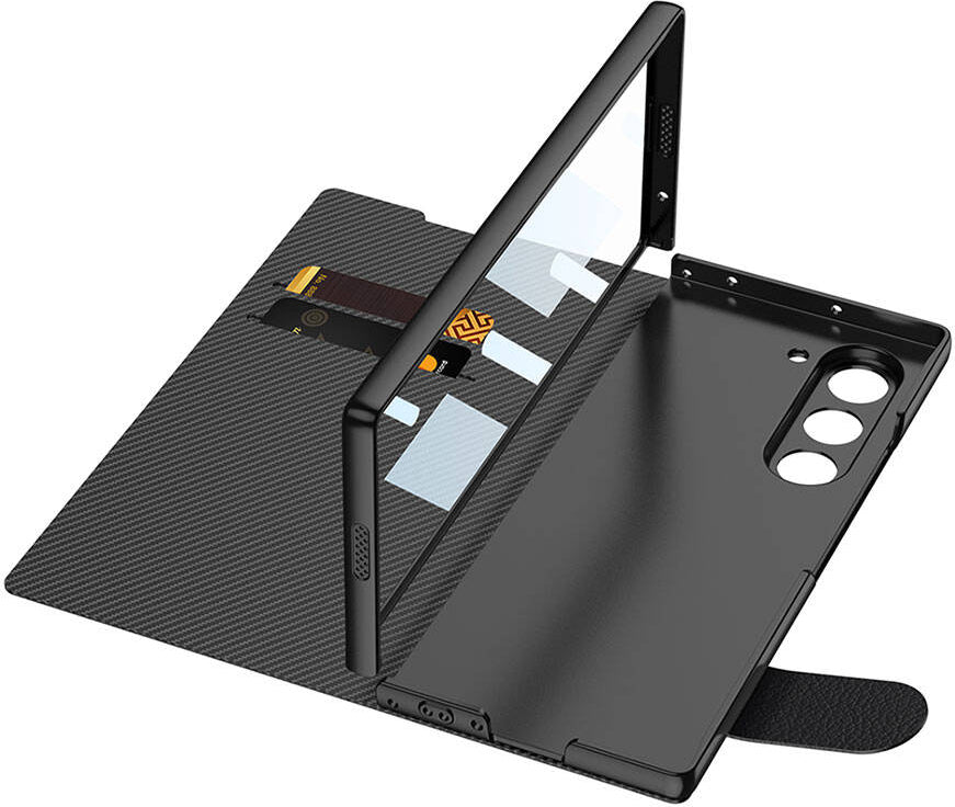Galaxy Z Fold 6 Kılıf Karbon Fiber Tasarımlı Magnetik Tokalı Kartlıklı Mnc Kıpta Zegna Kapak-Siyah