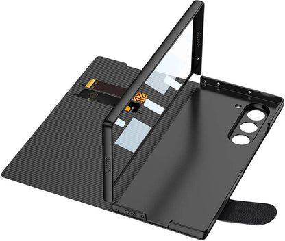 Galaxy Z Fold 6 Kılıf Karbon Fiber Tasarımlı Magnetik Tokalı Kartlıklı Mnc Kıpta Zegna Kapak-Siyah