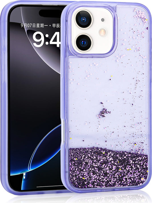 iPhone 12 Uyumlu Kılıf Sıvılı Simli Şeffaf Arka Yüzey Mnc Keto Silikon Kapak-Mor