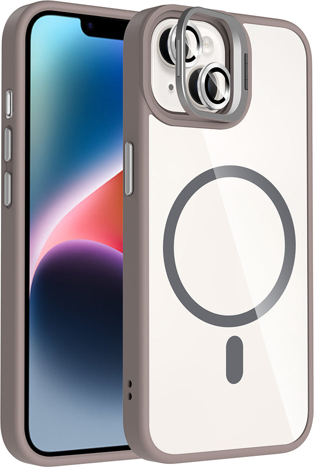 iPhone 13 Kılıf Standlı ve Kamera Lens Hediyeli M-Safe Şarj Özellikli Mnc Etro Kapak - Gri