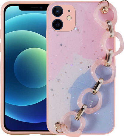 iPhone 11 Uyumlu Simli Desenli El Askılı Tutacaklı Mnc Elsa Silikon Kapak-Pembe