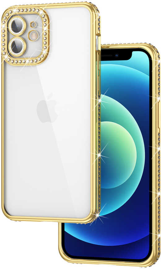 iPhone 12 Uyumlu Kamera Korumalı Taşlı Mnc Mina Kapak-Gold