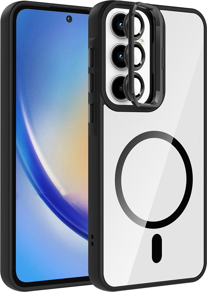 Galaxy A55 Kılıf Standlı ve Kamera Lens Hediyeli M-Safe Şarj Özellikli Mnc Etro Kapak - Siyah