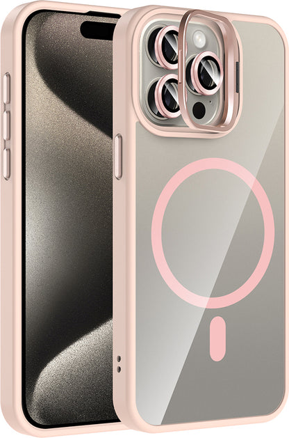 iPhone 15 Pro Kılıf Standlı ve Kamera Lens Hediyeli M-Safe Şarj Özellikli Mnc Etro Kapak - Pembe
