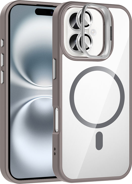 iPhone 16 Plus Kılıf Standlı ve Kamera Lens Hediyeli M-Safe Şarj Özellikli Mnc Etro Kapak - Gri