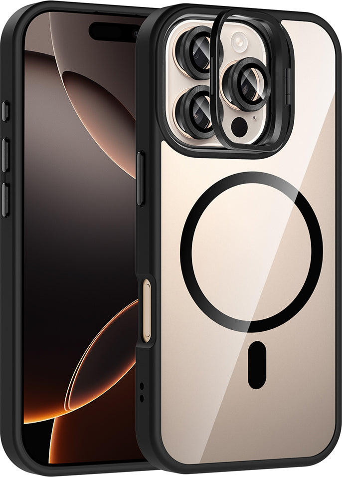 iPhone 16 Pro Kılıf Standlı ve Kamera Lens Hediyeli M-Safe Şarj Özellikli Mnc Etro Kapak - Siyah