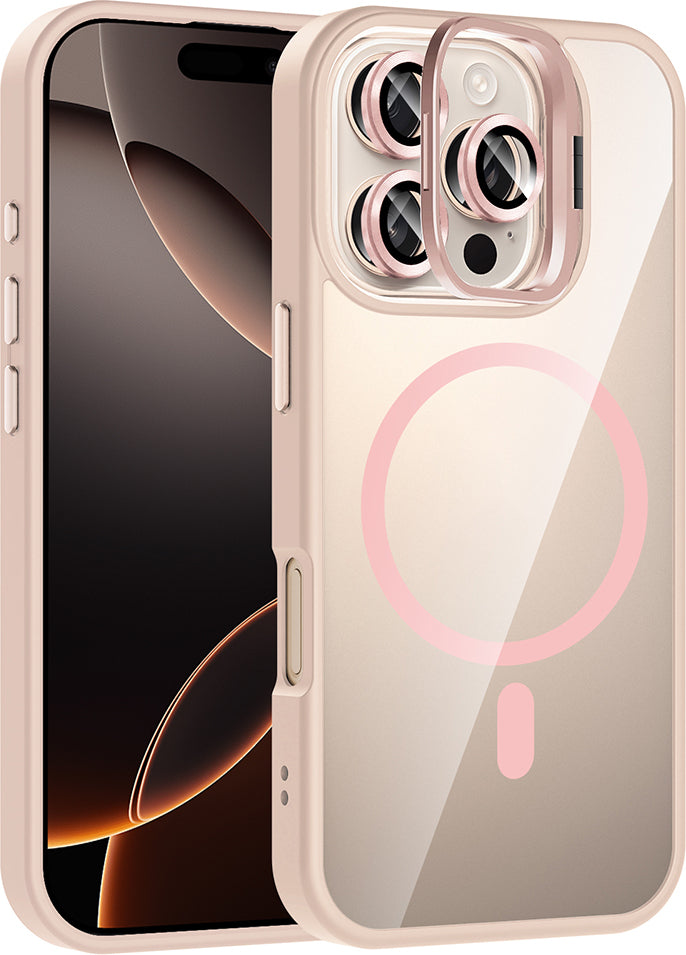 iPhone 16 Pro Kılıf Standlı ve Kamera Lens Hediyeli M-Safe Şarj Özellikli Mnc Etro Kapak - Pembe